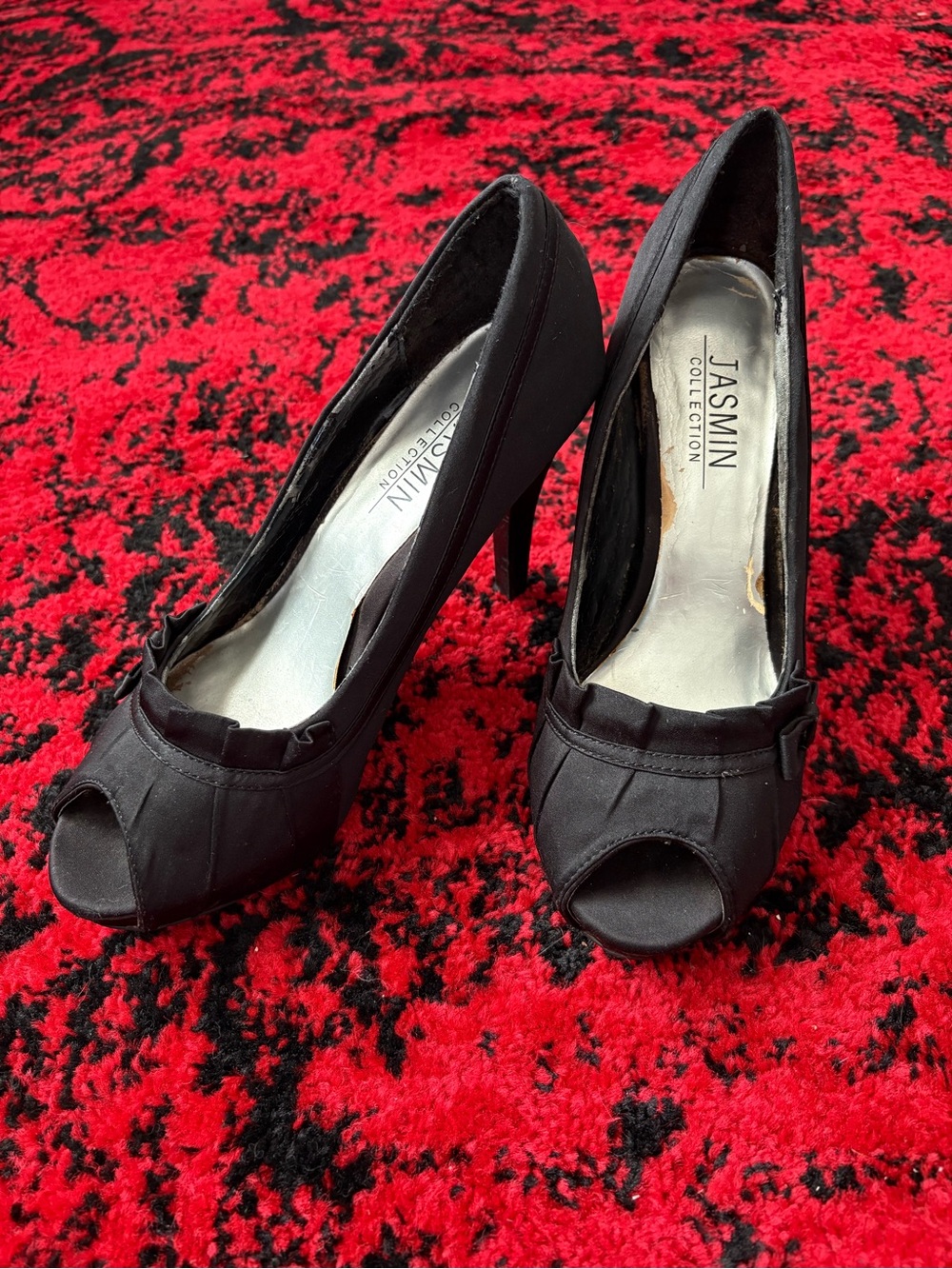 Jasmin Collection Black Satin Peep-Toe Stiletto Heels